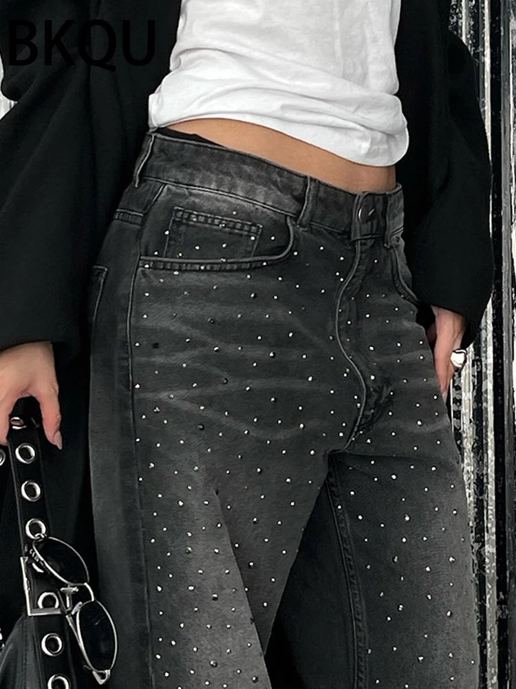 BKQU 2024 American Wide Leg Jeans Women Black High Waist Straight Diamond Rhinestone Baggy Denim Long Pants All-match Streetwear
