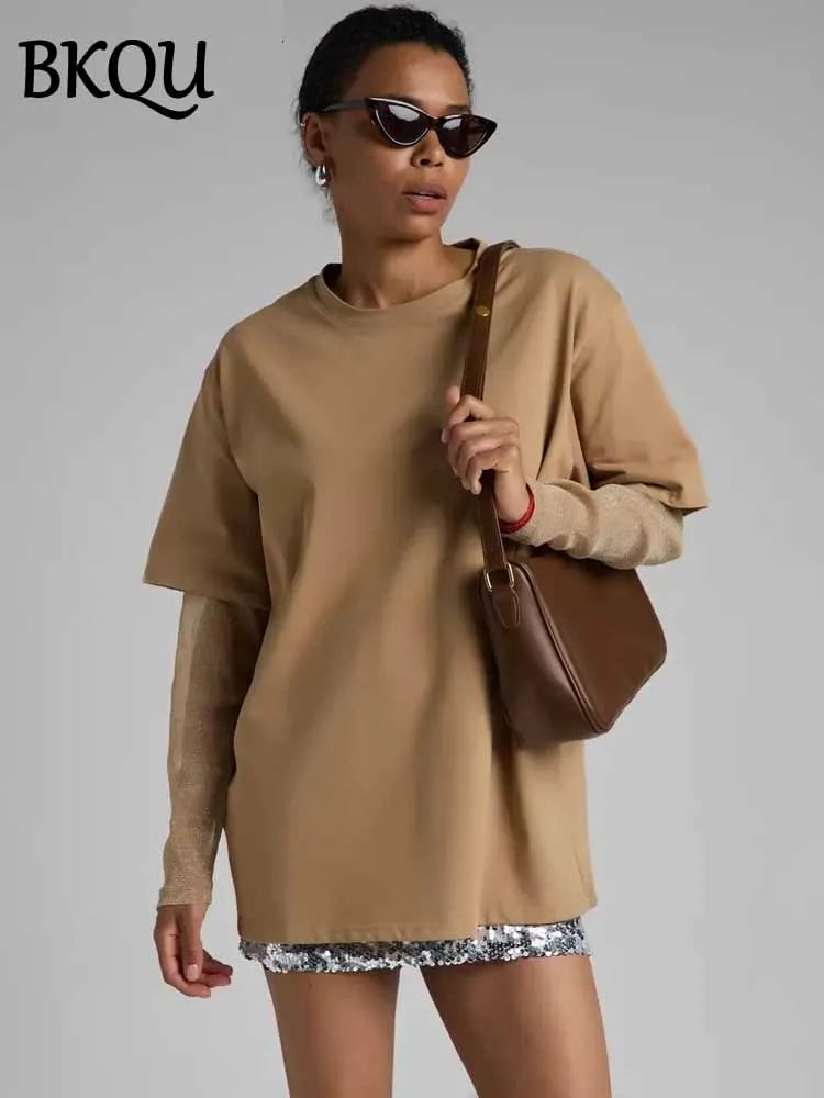 BKQU Summer Oversize T Shirt Women Cotton Patchwork Bright Mesh Long Sleeve Fake Two Pieces Top 2025 New Chic Female Street Tees