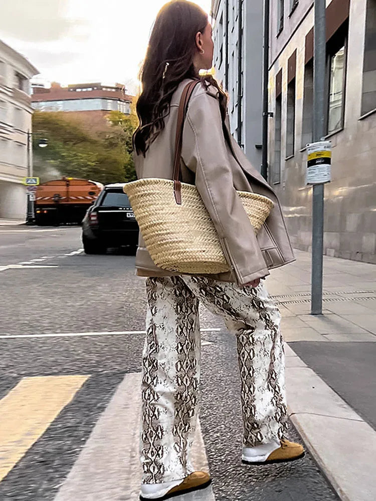 BKQU Snake Printed Fashion Straight Pants Women High Waist Pleated Loose Casual Wide Leg Trousers 2025 Spring Female Streetwear