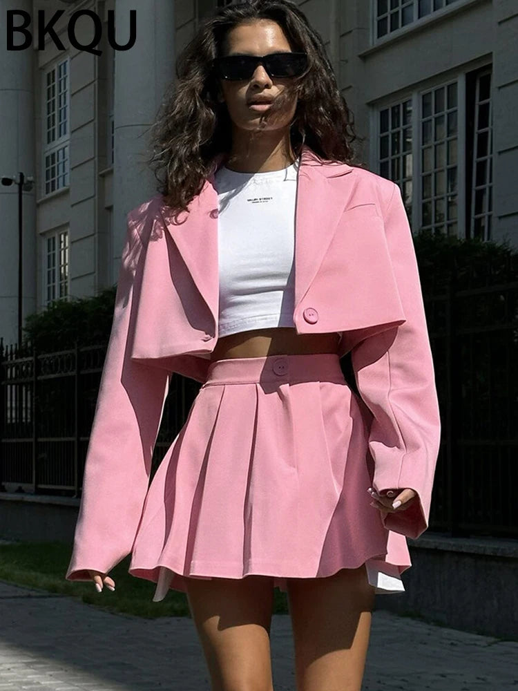 BKQU 2024 Blazer Two Piece Sets Women Casual Turn-down Collar Blazers Top and Pleated Skirts Suit Female High Street Y2K Clothes