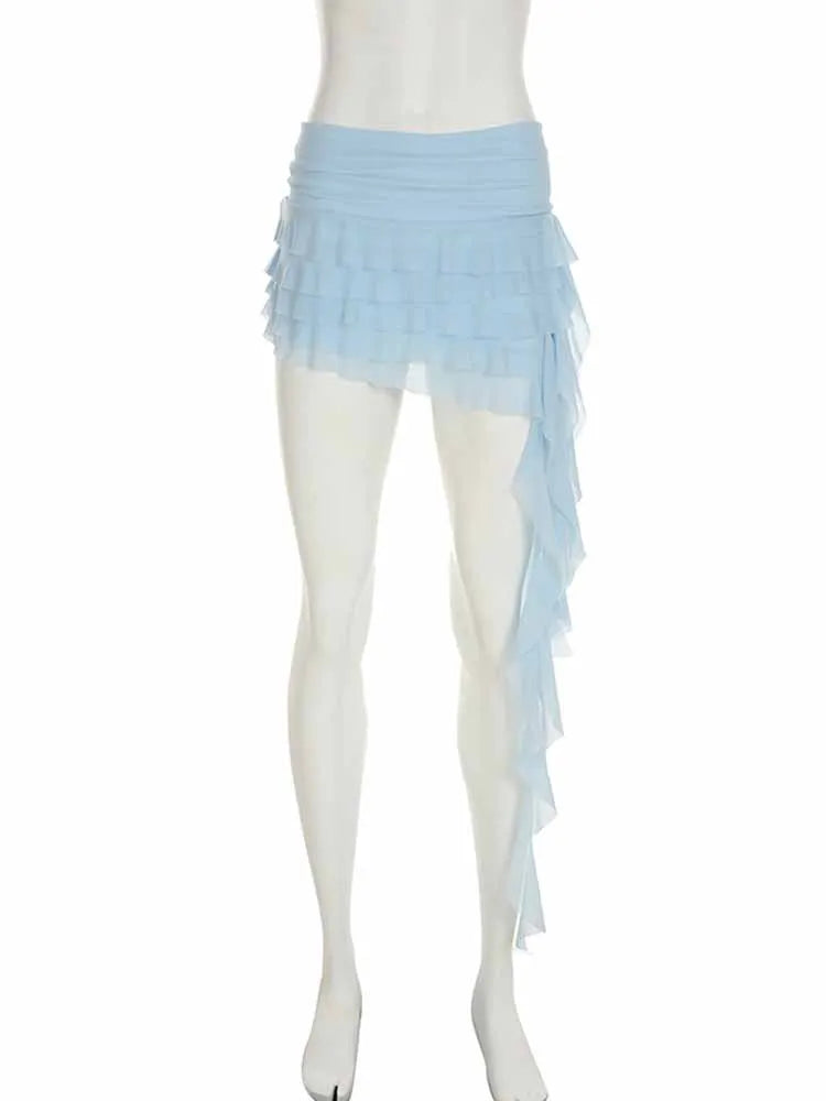 BKQU Ruffles Irregular Tassel Mini Skirts Women Summer Beach Vacation Low Waist Pleated Mesh Skirts With Shorts Lining Y2k Fairy
