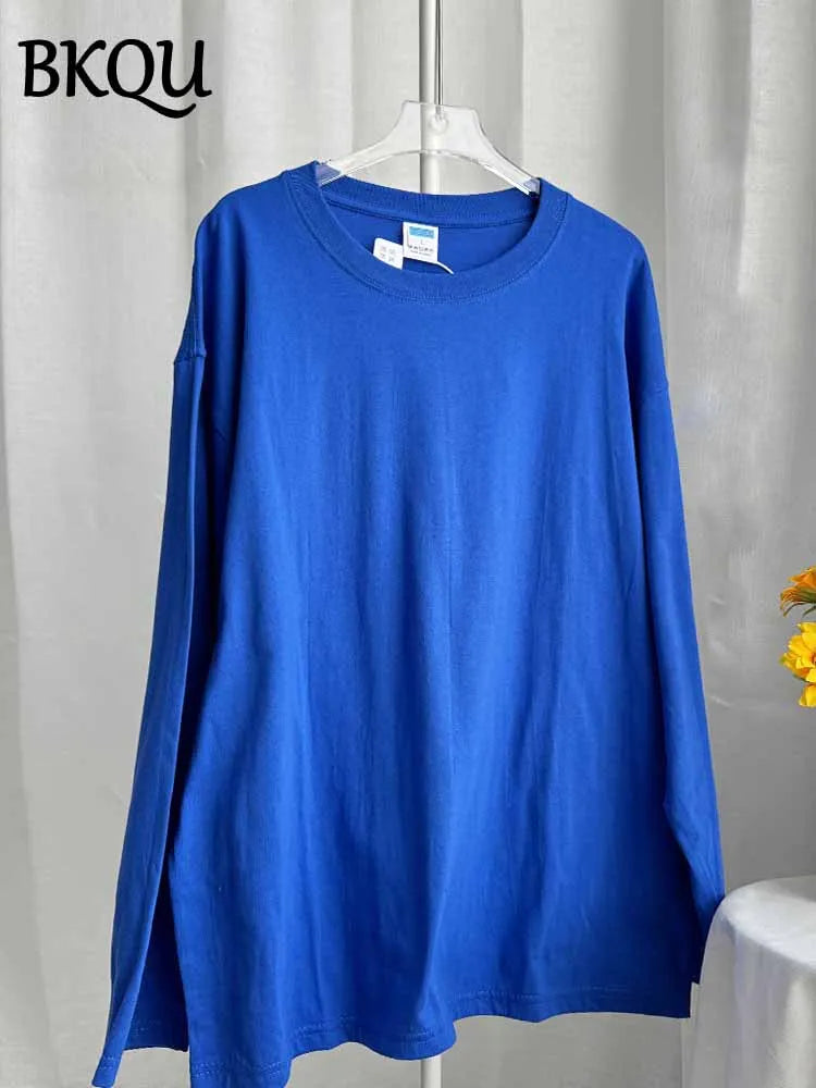 BKQU Solid Color Long Sleeve T Shirt Women Oversized Basic O-neck Cotton Tops Female Casual Soft Loose Pullover Tshirt 13 Colors