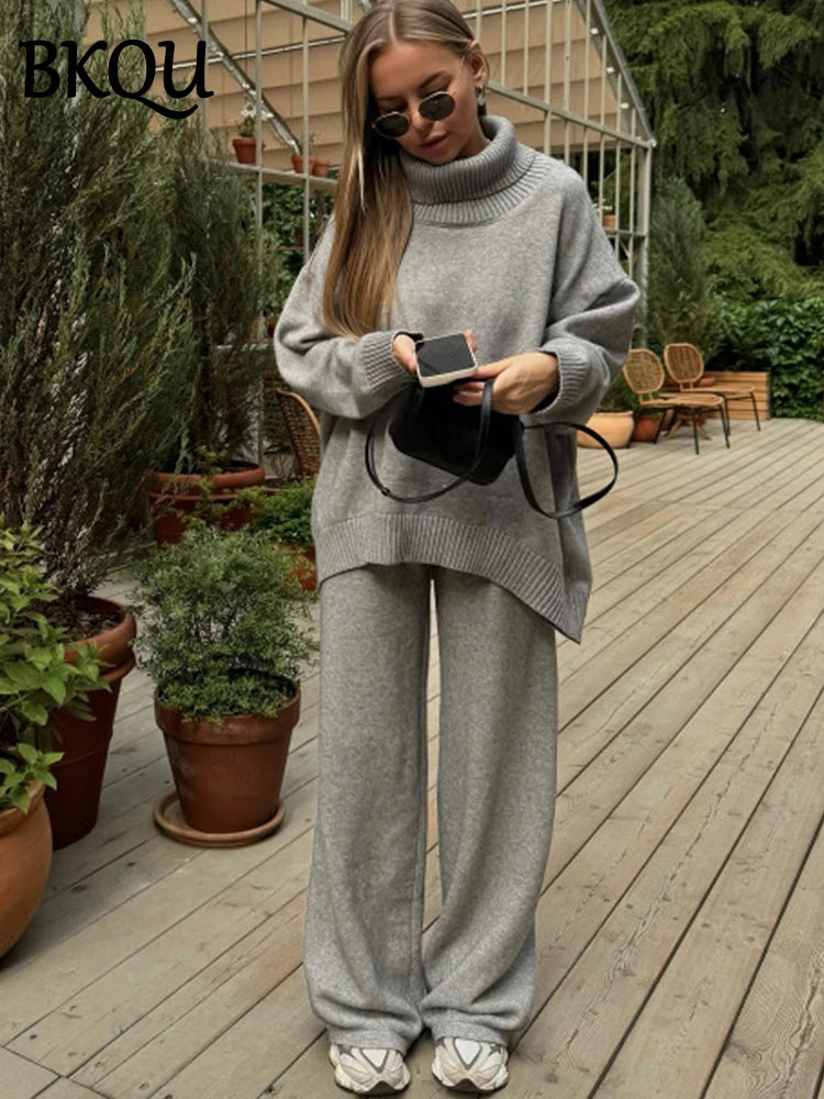 BKQU Autumn Winter Knitted 2 Pieces Women Sets Turtleneck Sweater Wide Leg Pants Suit Commute Street Lady Warm Tracksuit Outfits