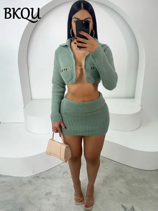 BKQU Knit Bodycon Mini Skirt 2 Piece Sets Women Sexy Chain Button Long Sleeve Cardigan Winter Elegant Party Sweater Skirt Suits
