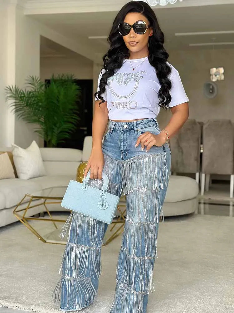 BKQU Fashion Sequined Tassel Jeans Women's 2025 New High Waist Straight Denim Pants Streetwear Hip Hop Blue Shiny Jeans Trousers