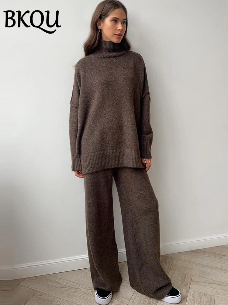 BKQU Knitted 2 Piece Sets Women Turtleneck Sweater and Wide Leg Pants Outfits Autumn Winter Casual Office Ladies Homewear 2024