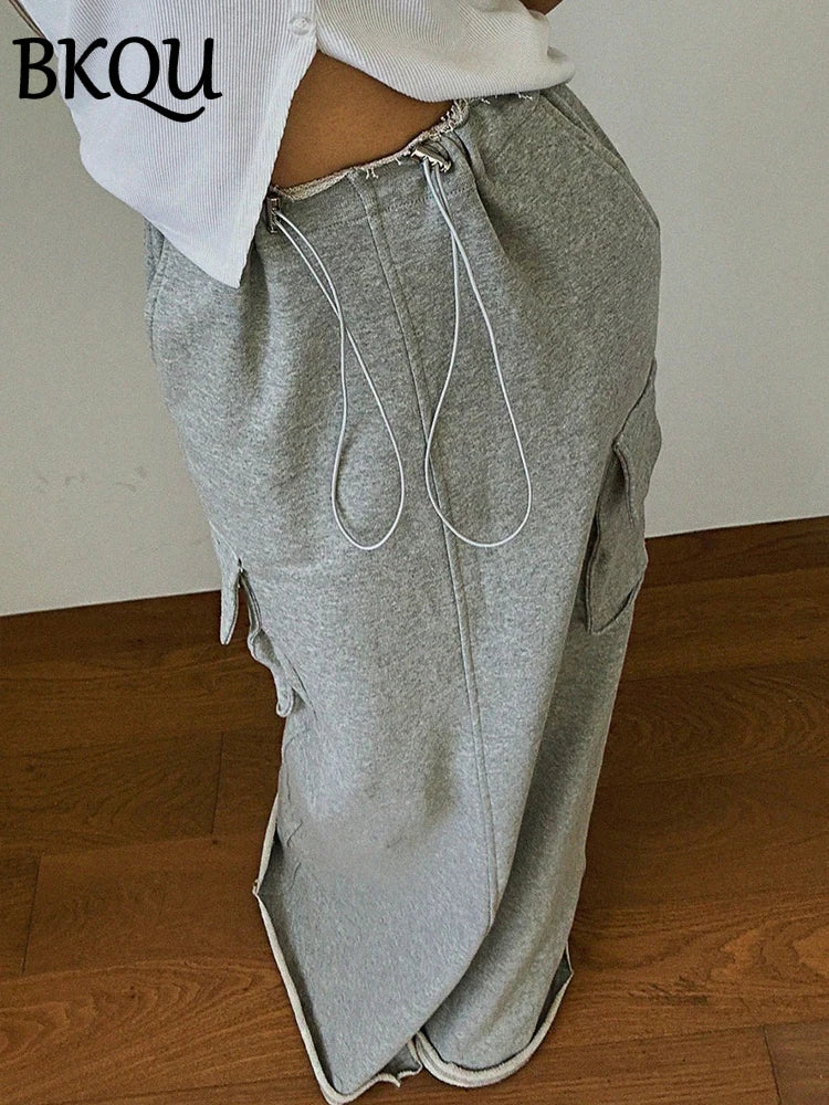 BKQU Pockets Adjustable Drawstring Split Long Skirt Women Fashion High Waist Straight Cargo Skirts 2024 Street Casual Maxi Skirt