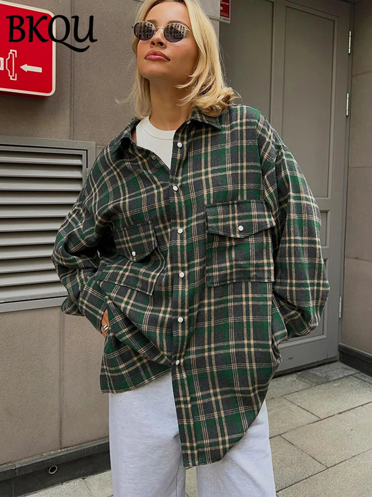 BKQU Plaid Single-breasted Loose Blouse Women Pocket Long Sleeve lapel Shirts 2024 New Korean Style Casual Mid-length Tops