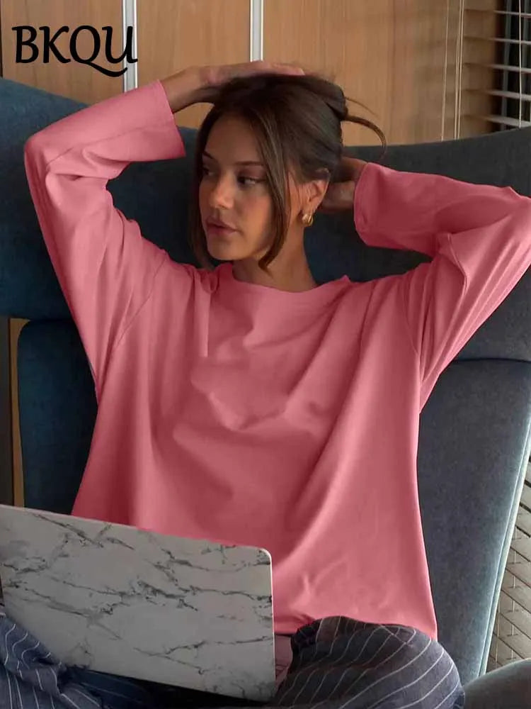 BKQU Solid Color Long Sleeve T Shirt Women Oversized Basic O-neck Cotton Tops Female Casual Soft Loose Pullover Tshirt 13 Colors