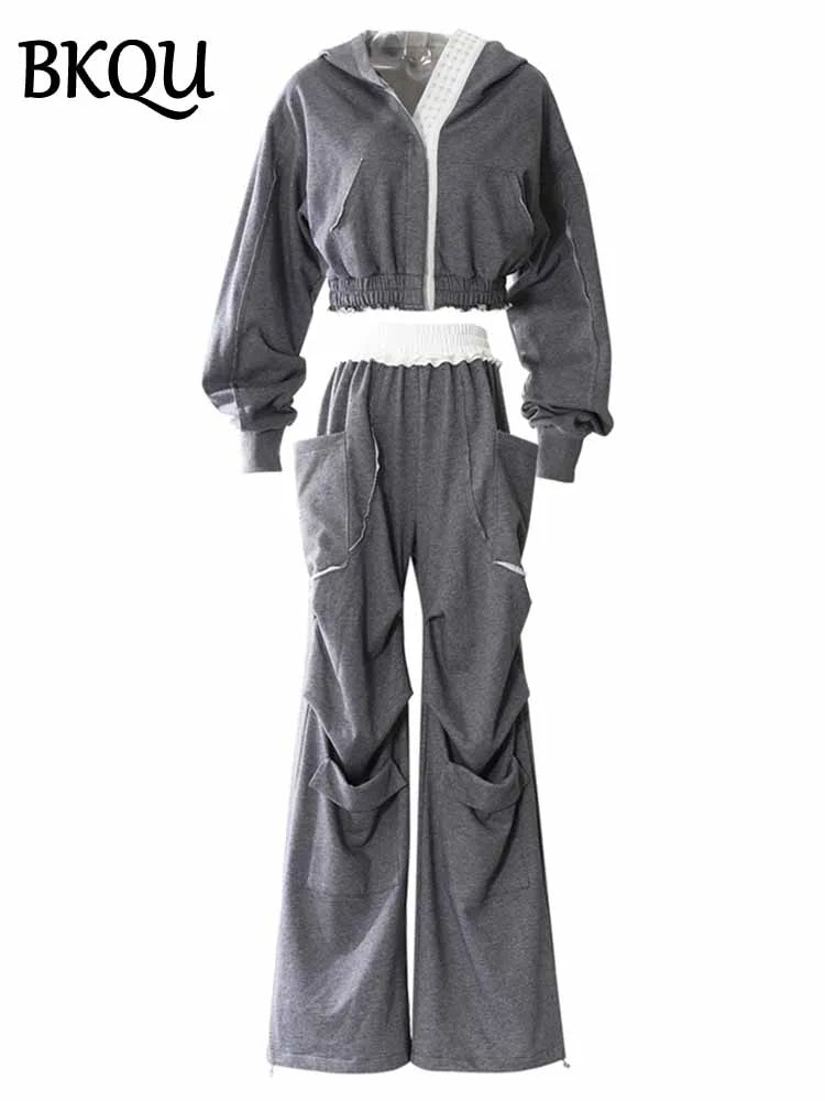 BKQU Hoodies Tracksuit Women Pant Sets Contrast Color Long Sleeve Sweatshirt Coat High Waist Pockets Wide Leg Pants 2 Pieces Set
