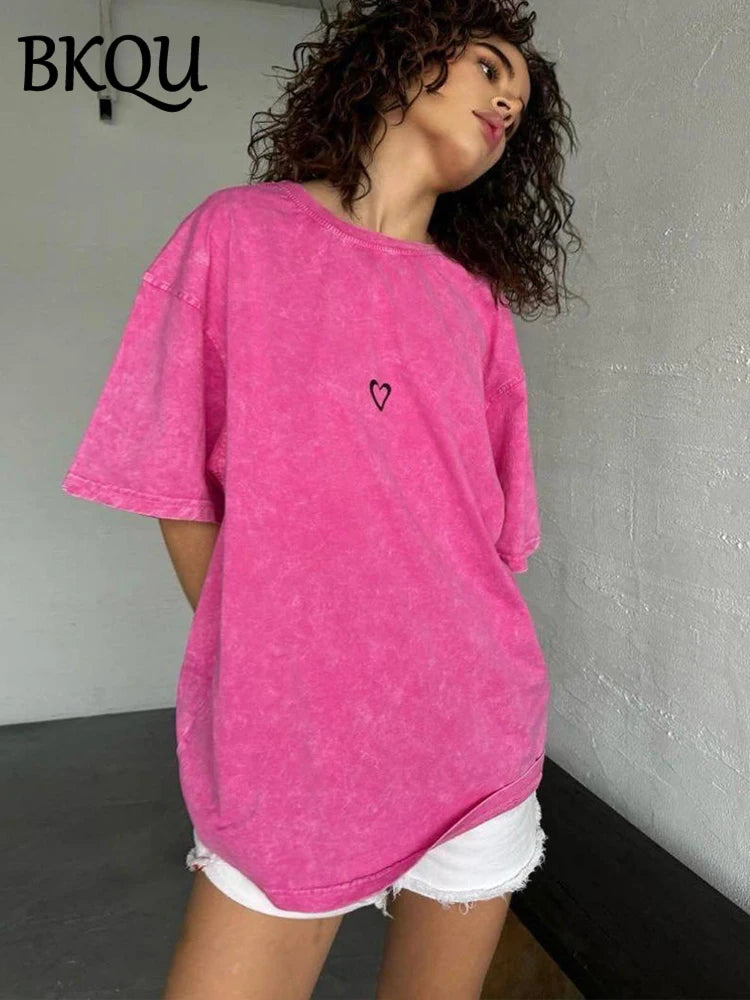 BKQU Love Embroidery T-shirt Women Casual Loose Short Sleeve Heart Graphic Couples Tees Shirt Oversized Summer Retro Streetwear