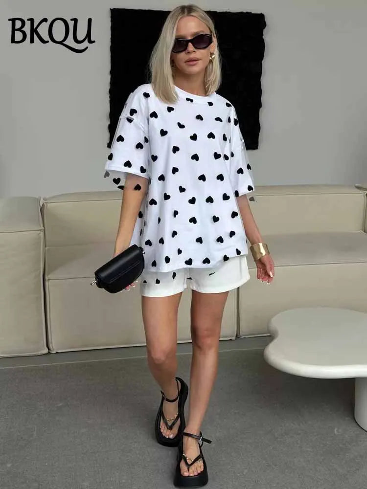 BKQU Sweet Heart Mesh Patchwork T-shirt Women Aesthetic Y2k Clothes Summer Loose Casual O-Neck Short Sleeve Tops Cotton T Shirt