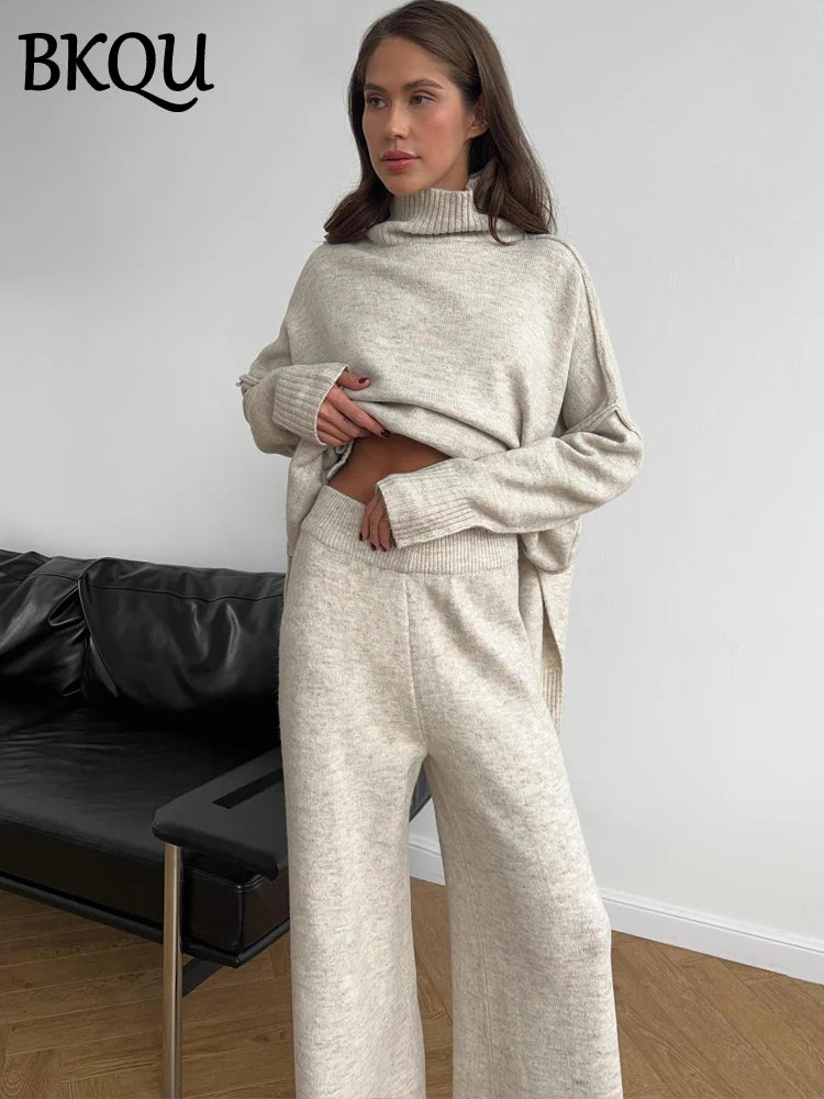 BKQU Casual Knit Two Piece Sets Women Split Turtleneck Long Sleeve Sweater Wide Legs Pants Suit Female Loose Winter Loungewear