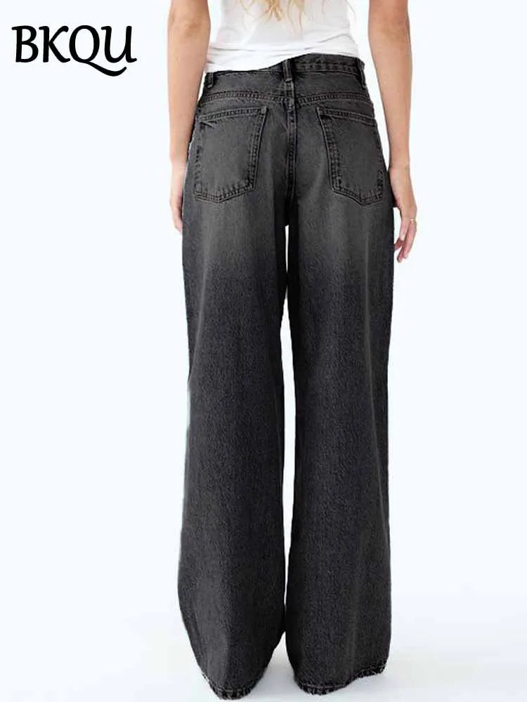 BKQU Vintage Straight Jeans Women 2025 New Chic Irregular Waist Baggy Denim Pants Y2K Streetwear Fashion Hip Hop Jeans Trousers