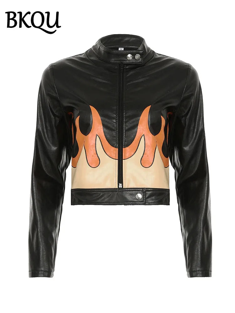 BKQU Chic Leather Two Piece Set Women Flame Printing Zip Crop Jacket Bodycon Mini Skirt Suits Female High Street Outfits Y2K