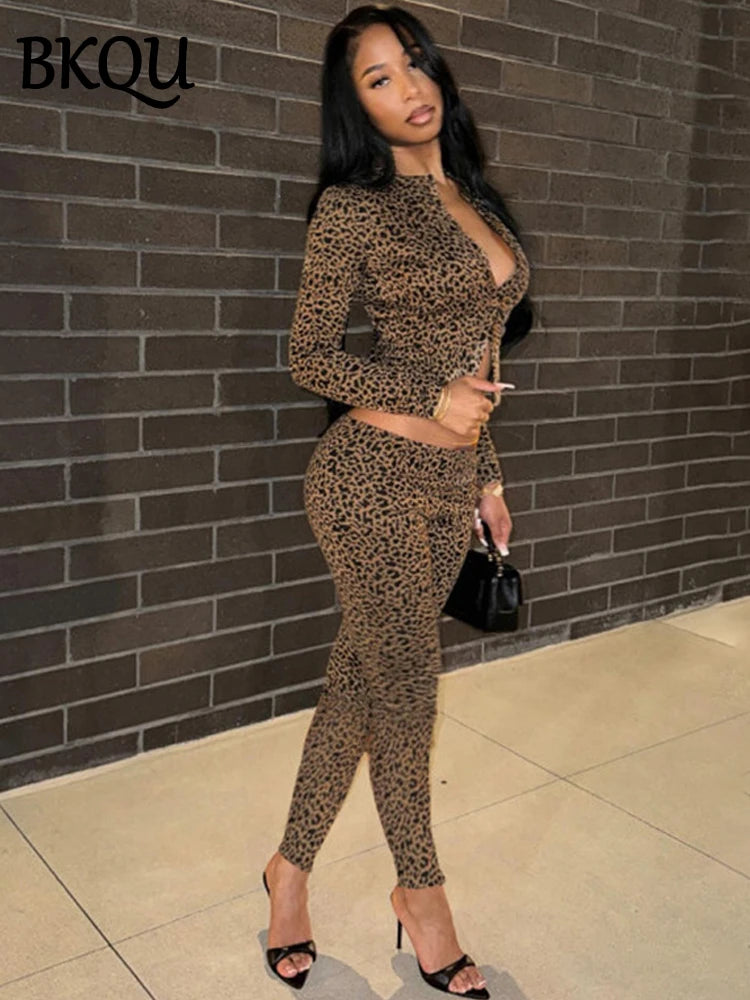 BKQU Leopard Print 2 Piece Set Women Long-Sleeved Button Crop Top High Waist Leggings Stretch Sexy Midnight Club Matching Suits