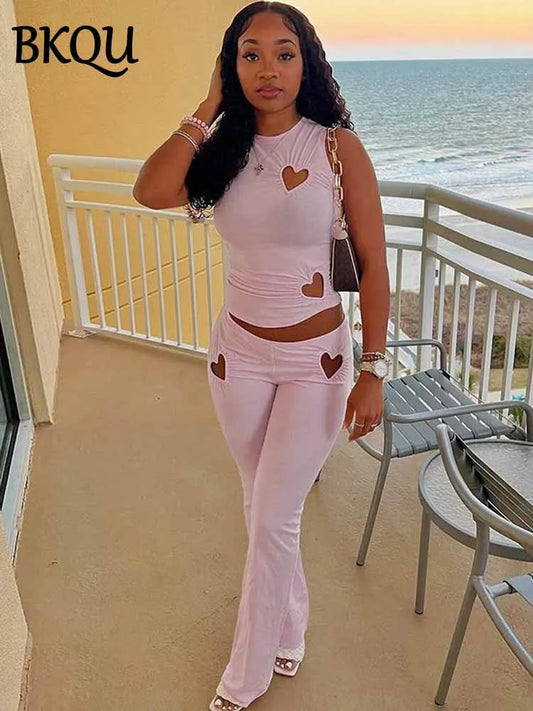 BKQU Heart Ruched Hollow Women 2 Piece Set Casual O-neck Sleeveless Tank Tops+High Waist Skinny Pants Suit Female Y2K Streetwear