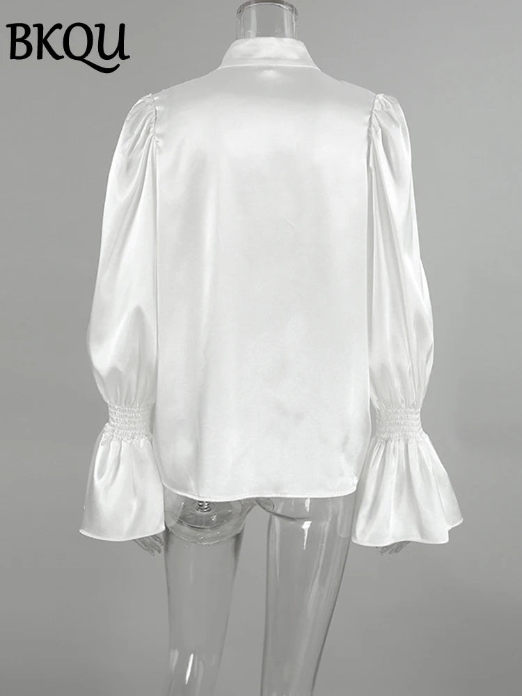 BKQU Satin Woman Ruffles Shirts Elegant Flare Long Sleeves Stand Collar Beading Loose Blouse Office Lady Casual Shirts Tops 2024