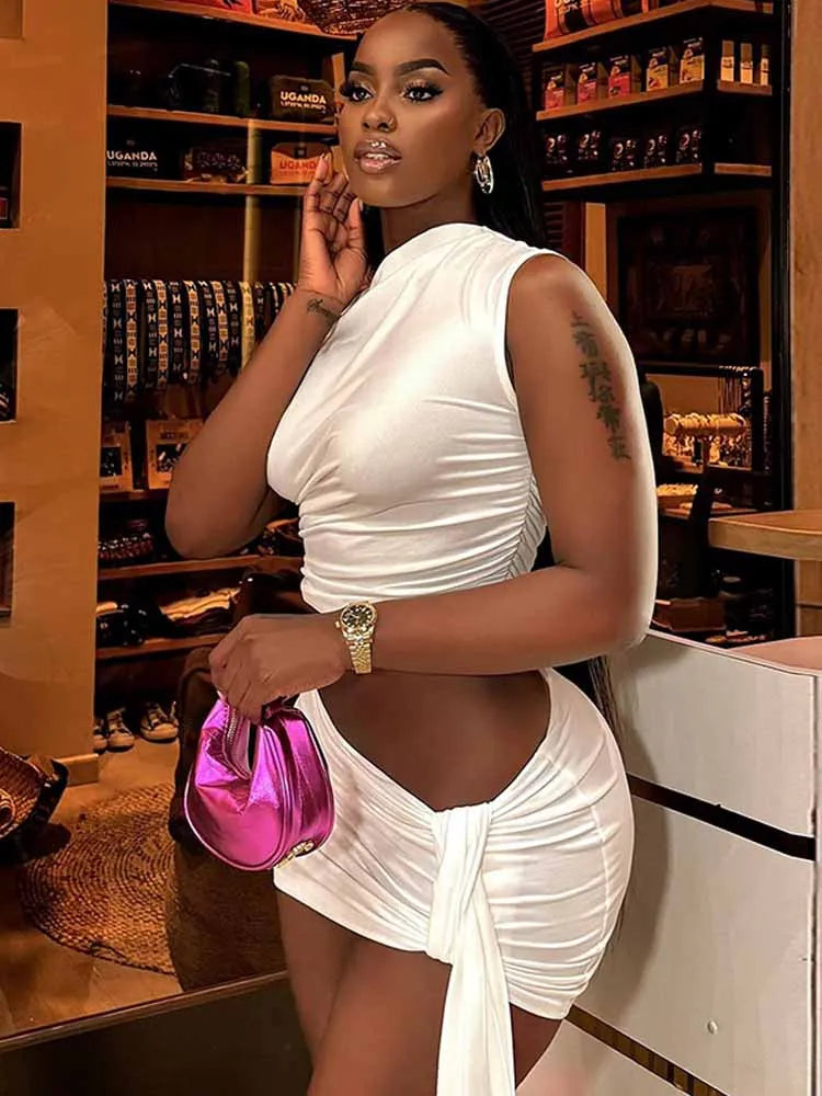 BKQU Ruched Bodycon Elegant 2 Pieces Women Sexy Off Shoulder Crop Tops Bandage Ribbon Mini Skirts Sets 2025 Spring Party Outfits