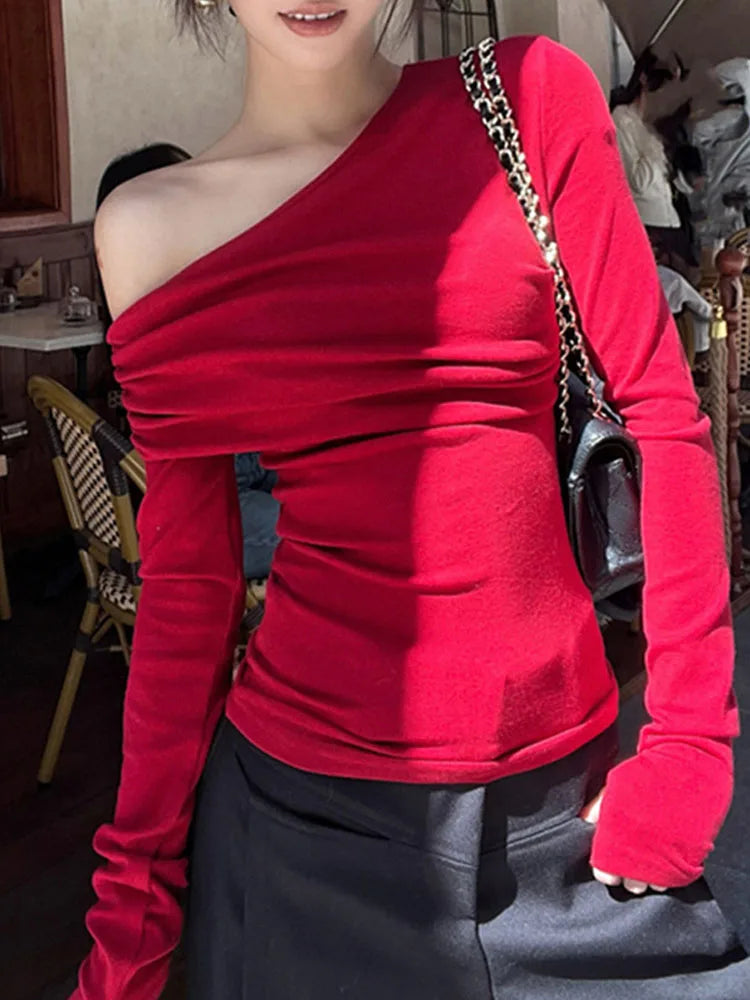 BKQU Red Off Shoulder Long Sleeve T-shirt Women's Elegant Slim Ruched Knitted Pullover Autumn/Winter Sexy Party Cropped Tops Y2k