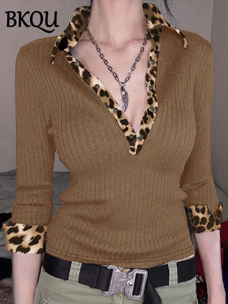 BKQU Leopard Patchwork V Neck Knitted Top Women Autumn Winter Long Sleeve Buttons Slim Crop T-shirt Aesthetic Y2k Streetwear