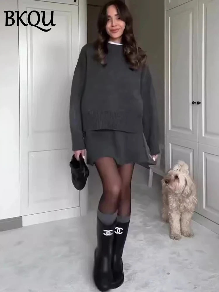 BKQU Casual Knitted Mini Skirt Sets Women 2 Pieces Wine Red Turtleneck Long Sleeve Sweater Pleated Skirts Suit Female Streetwear