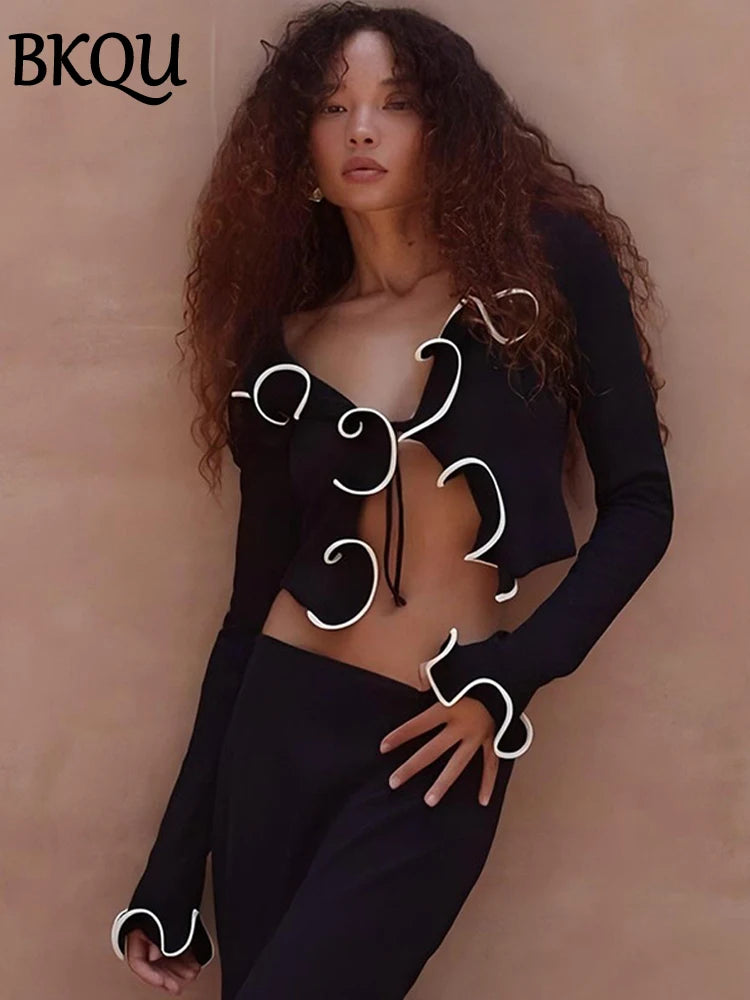 BKQU Elegant Lace Up Cardigan Women Black White Patchwork Long Sleeve Ruffled Slim T-Shirt Hollow Out Sexy Club Party Crop Tops