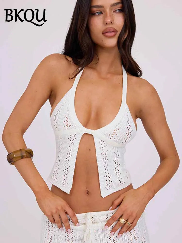 BKQU Hollow Sexy Beach Cover Up Outfit Women Summer V Neck Halter Lace-up Bikini 2 Piece Set Knit Mini Skirt Female Y2k Swimsuit