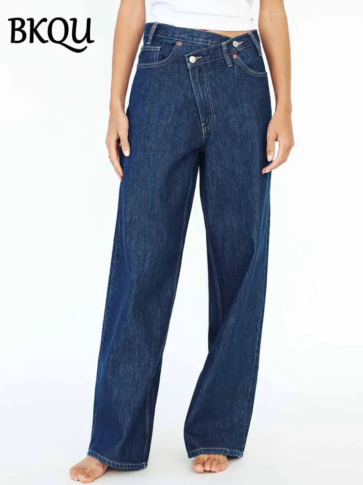 BKQU Vintage Straight Jeans Women 2025 New Chic Irregular Waist Baggy Denim Pants Y2K Streetwear Fashion Hip Hop Jeans Trousers
