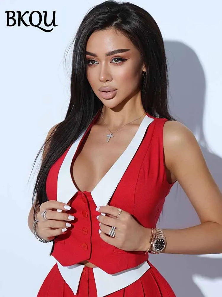 BKQU Summer Mini Skirt Women Contrast Outfit Elegant V-neck Sleeveless Button Tank Top High Waist Pleated Skirt 2 Piece Sets Y2k