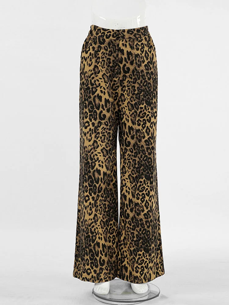 BKQU Leopard Print Wide Leg Pants Women Cotton Jeans Fashion High Waist Pocket Baggy Casual Straight Trousers Y2k Retro Street