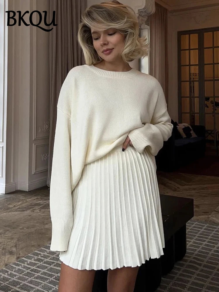 BKQU Ladies Autumn Winter Skirts Suit Knitted Loose O-Neck Pullover Sweater Women Elegant A-Line Pleated Mini Skirt 2 Piece Sets