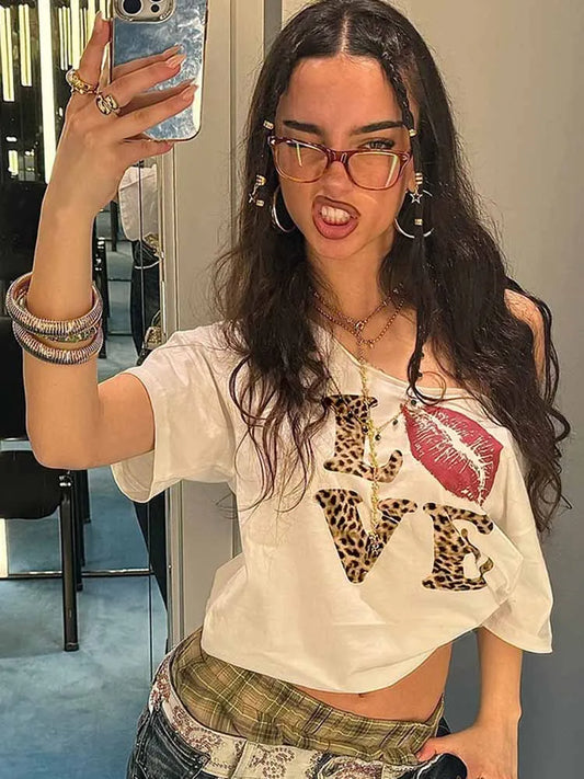 BKQU Aesthetic Y2k Crop Tops Women Leopard Letter Print Summer V Neck Short Sleeve T-Shirt 2000s E-Girl Streetwear Slim Baby Tee