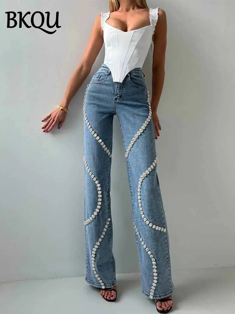BKQU Rhinestone Straight Jeans Women 2025 Spring New Trendy Loose High Waist Denim Pants Chic Surround Diamond Y2k Unique Jeans