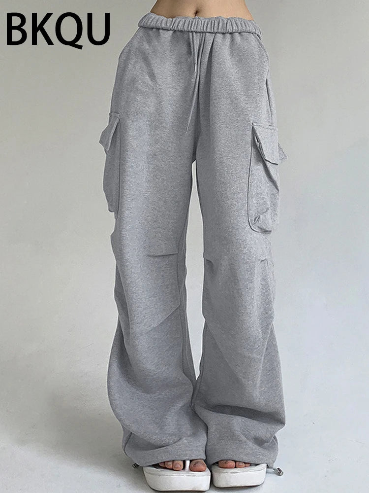 BKQU 2023 Baggy Wide Leg Cargo Pants Women Casual Oversized Pockets Low Waist Straight Jeans Streetwear Hippie Joggers Trousers