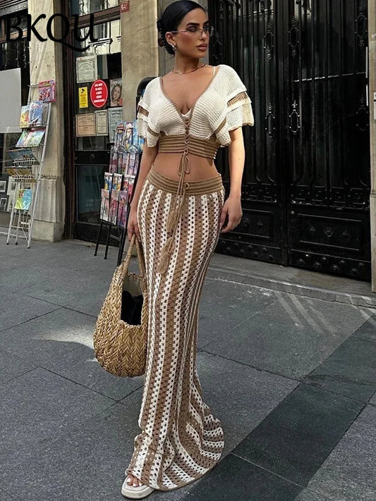 BKQU Striped Knitted Dress Sets Hollow Out Long Skirts With V-Neck Short Sleeve Crop Tops for Women 2024 Summer Vacation Outfits