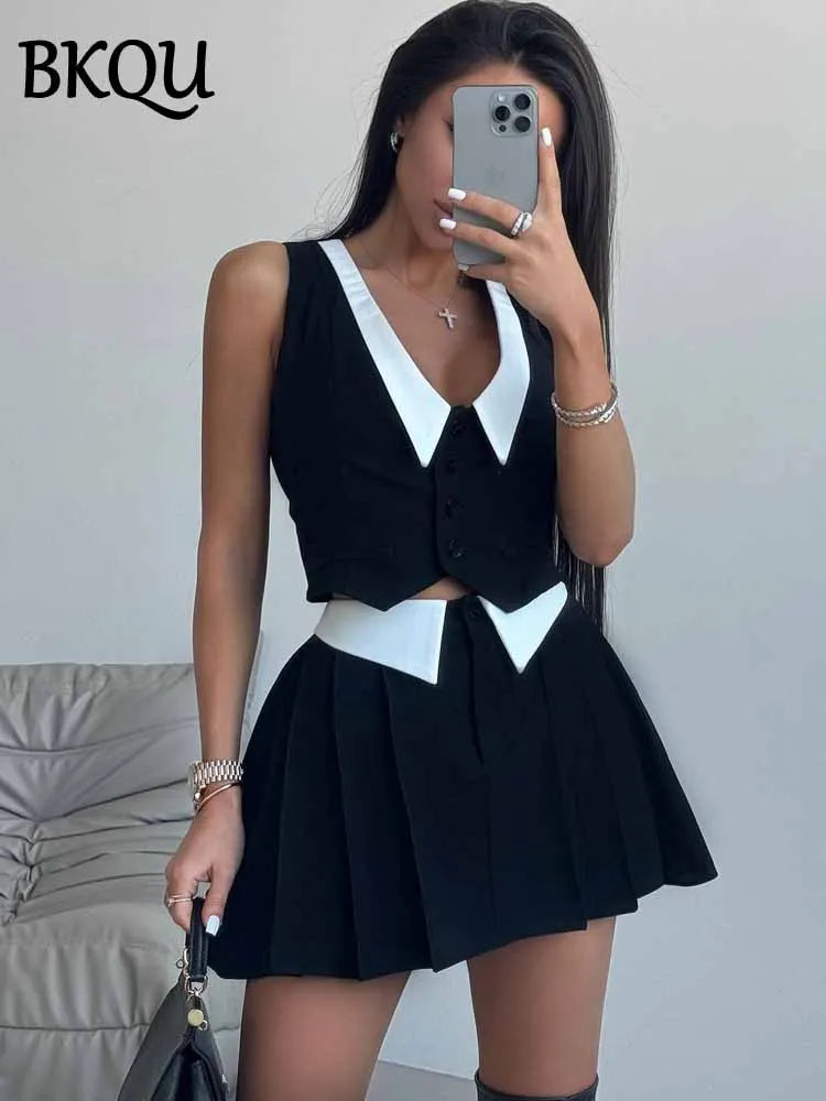 BKQU Summer Mini Skirt Women Contrast Outfit Elegant V-neck Sleeveless Button Tank Top High Waist Pleated Skirt 2 Piece Sets Y2k
