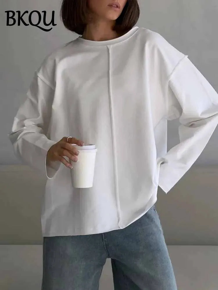 BKQU Oversize Cotton Long Sleeve T-Shirt Women Solid Color O-neck Casual Basic Tees 2025 Spring Knitted Soft Loose Pullover Tops