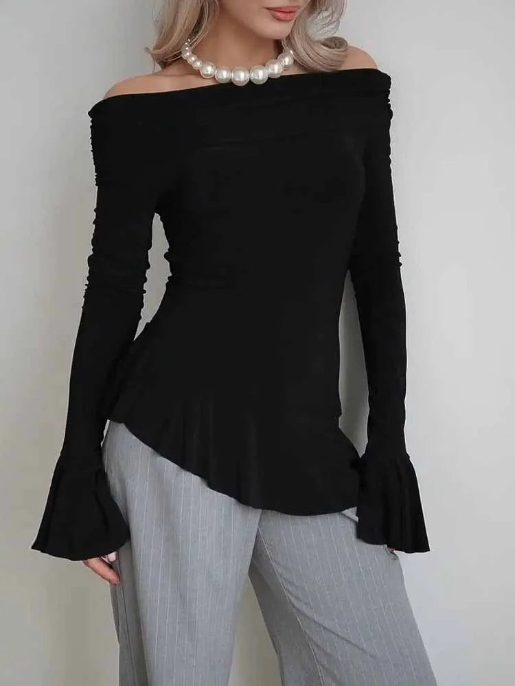 BKQU Elegant White Ruffled T-shirt Women Sexy One Shoulder Long Sleeve Slim Pullover Tops 2025 New Spring Y2k Casual Streetwear