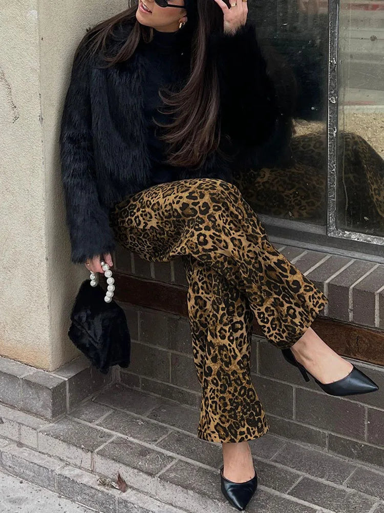 BKQU Leopard Print Wide Leg Pants Women Cotton Jeans Fashion High Waist Pocket Baggy Casual Straight Trousers Y2k Retro Street