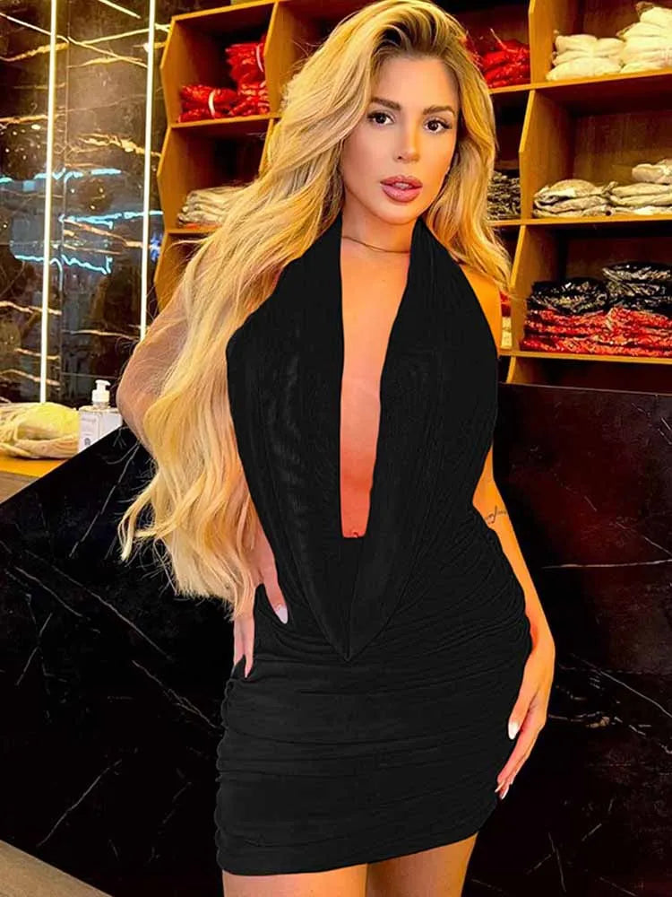 BKQU Mesh Sexy Ruched Women 2 Piece Set Deep V-Neck Halter Swinging Backless Top See Through Mini Skirt Y2k Midnight Club Outfit