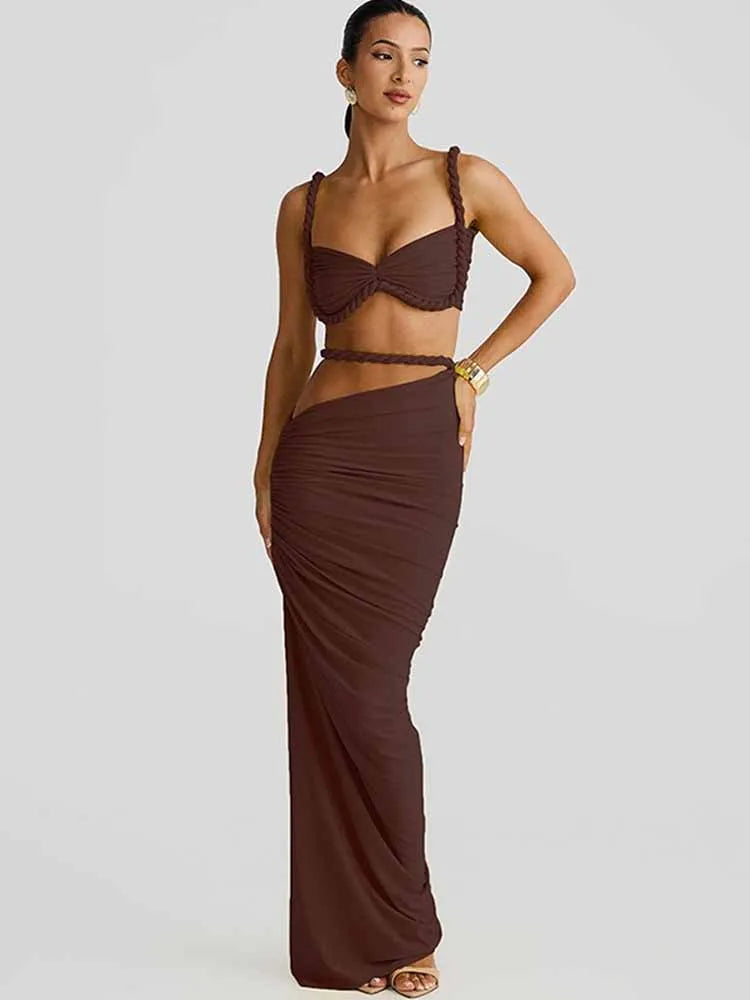 BKQU Hollow Out Sexy Women 2 Piece Set Vacation Outfit Twist Sling Bikini Crop Tops Ruched Slim Long Skirts Matching Suits 2025