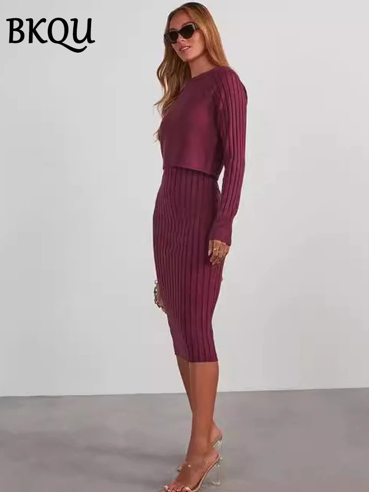 BKQU Knitted Dress Sets Women Sleeveless Square Collar Midi Dress and Long Sleeve O-neck Ribber Sweater Elegant Two Piece Set