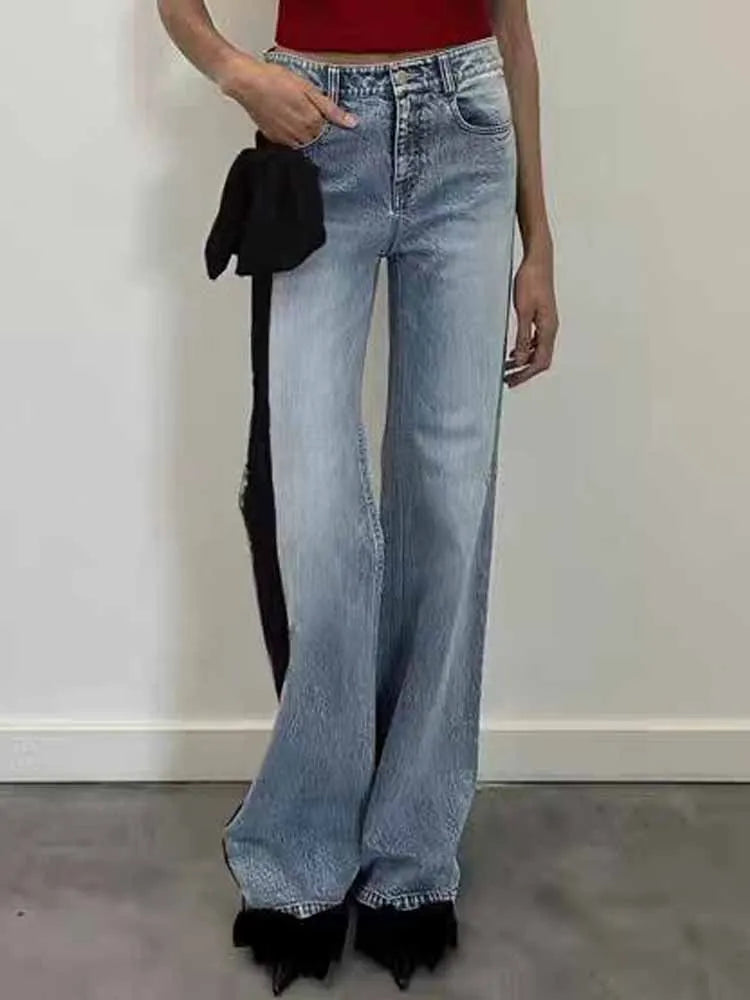 BKQU Splicing Jeans Women Fashion Contrast Side Bow Loose High Waist Straight Denim Pants 2025 Spring Temperament Street Jeans