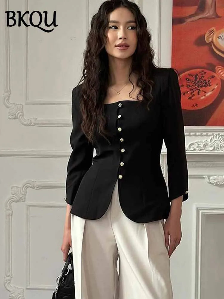 BKQU Elegant Square Neck Button Shirts Women Long Sleeve Classic Solid Crop Top Spring 2025 Female Cardigan Slim Commute Outwear
