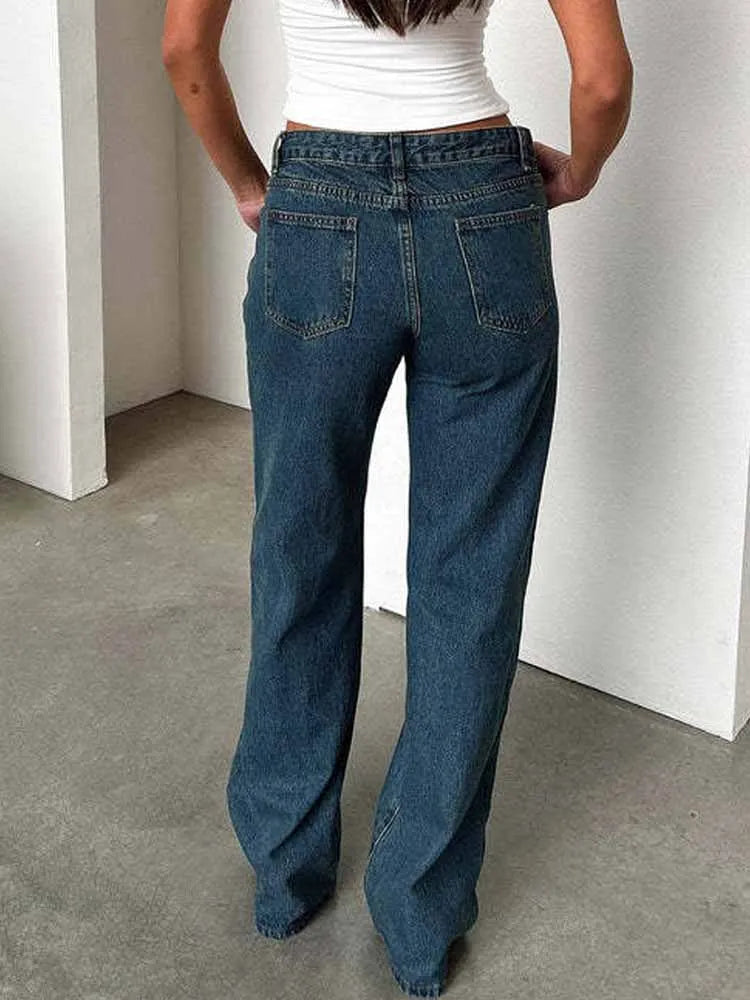 BKQU 2025 Harajuku Baggy Straight Jeans Women Low Waist Y2k Vintage Blue Wide Leg Denim Pants Fashion Basic All-Match Streetwear
