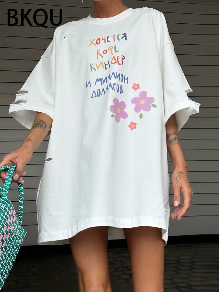 BKQU Cut Out Oversized Letter Printed T Shirts Women 2024 Summer Short Sleeve O-neck Loose Tees Flower Graphic 2000s Tops Shirt