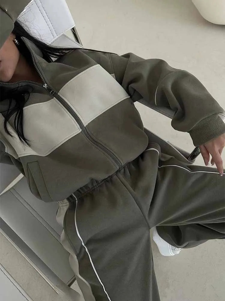 BKQU Contrast-color Women Tracksuits Fashion Two Pieces Zipper Sweatshirt Jacket Pants Sets 2025 New Loose Casual Sporty Outfits