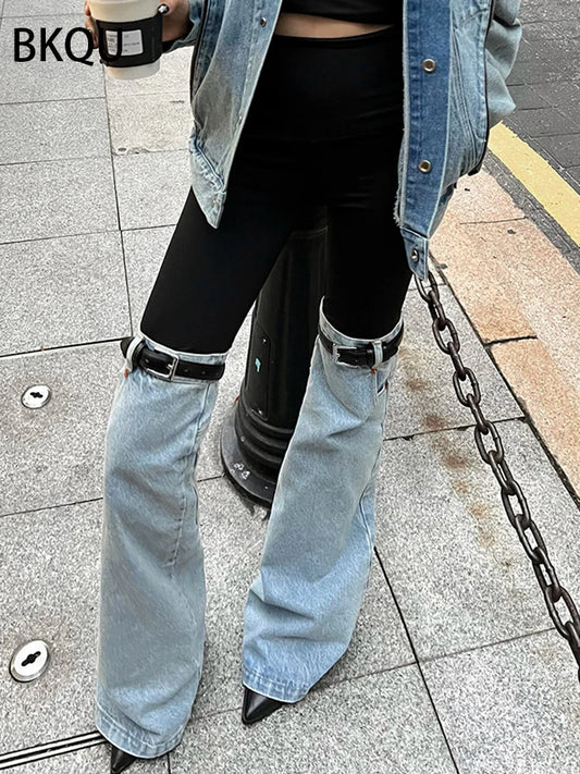 BKQU Patchwork Women's Jeans High Waist Straight Denim Long Wide Leg Jeans Fashion Chic Elastic Waist Streetwear Denim Pants Y2K