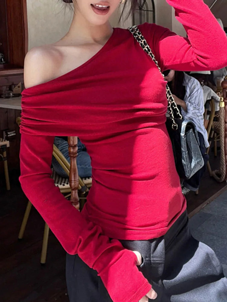 BKQU Red Off Shoulder Long Sleeve T-shirt Women's Elegant Slim Ruched Knitted Pullover Autumn/Winter Sexy Party Cropped Tops Y2k